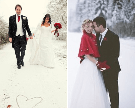 White bride and black groom for Red, Black and White Winter Wedding
